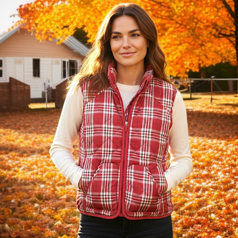 Croft Barrow Quilted Vest M Womens Plaid Chore Red Barn Equestrian Cinched Waist